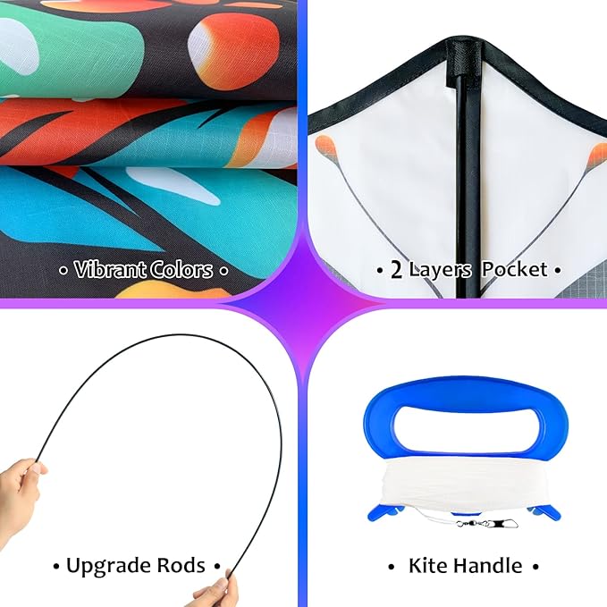 HONBO Butterfly Kites for Kids & Adults,55" x 28" Large Beginner Kite for Kids Ages 4-8,Easy to Fly