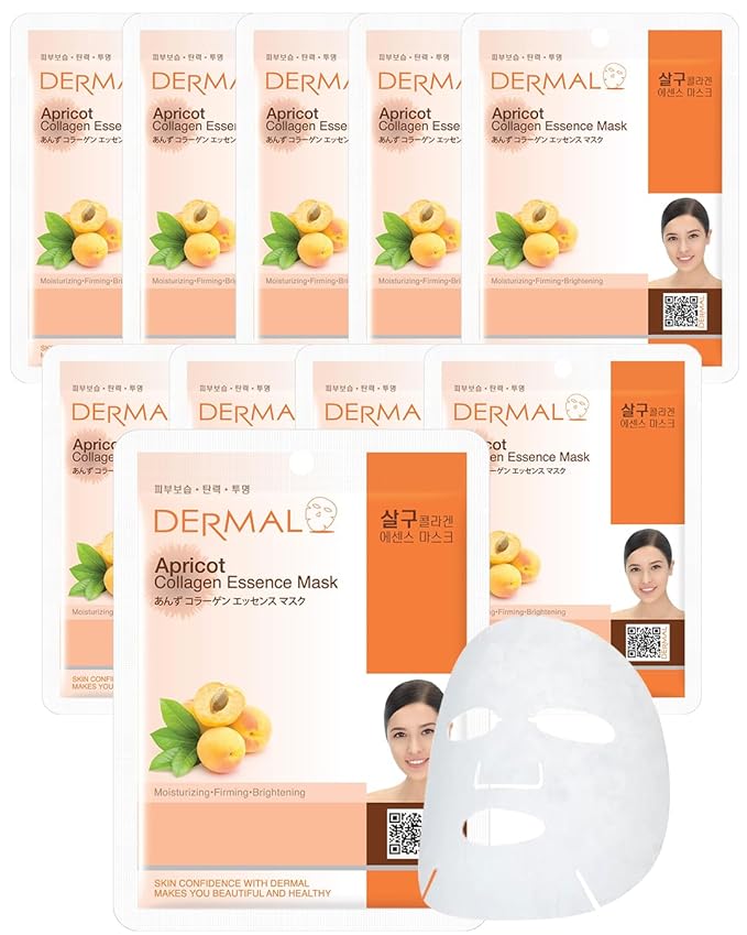 DERMAL Apricot Collagen Essence Korean Facial Mask Sheet Pack of 10 - Nourishing, Revitalizing