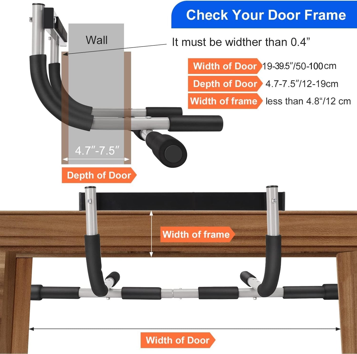 Doorway Pull Up Bar for Home Gym, Padded Grips Chin Up Bars for Door Frame, Heavy-Duty Thickened