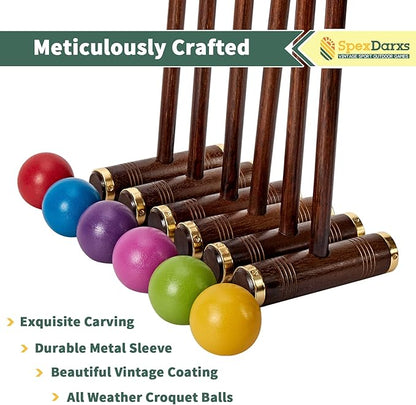 Six Player Croquet Game, 35’’ Croquette Set with Premium Wooden Mallets/Colored
