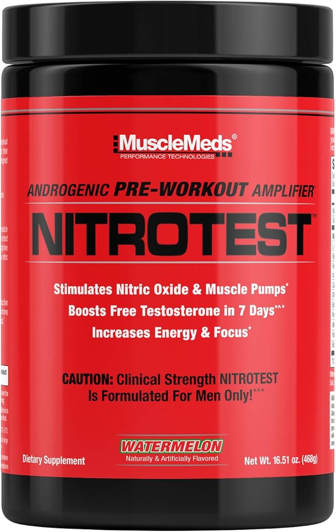 MuscleMeds Nitrotest Pre-Workout Supplement Drink, Boost Nitric Oxide, Testosterone, Watermelon, 30