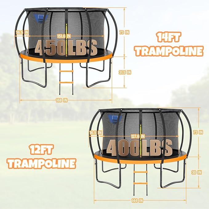 Trampoline 8FT 10FT 12FT 14FT 16FT, Outdoor Trampolines for Kids and Adults, Recreational