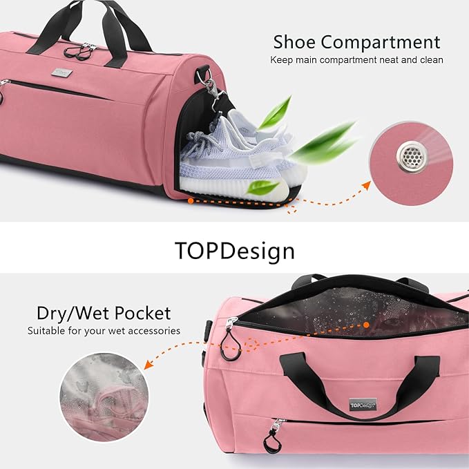 TOPDesign Gym Bag for Women & Men, Unisex Duffel Bag with Shoe Compartment & Wet Pocket for Travel
