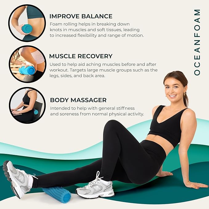 Oceanfoam Ripple Travel Foam Roller (11" x 3.35") Firm Mini Foam Roller for Physical Therapy, Deep