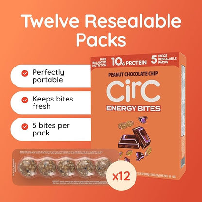 CirC Energy Bites - 12 Pack Peanut Chocolate Chip Gluten Free Protein Balls - 10g Protein, Whole
