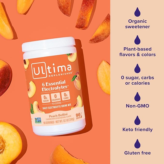 Ultima Replenisher Mocktini Electrolyte Powder Drink Mix – Sugar Free – Peach Bellini, 90 Servings