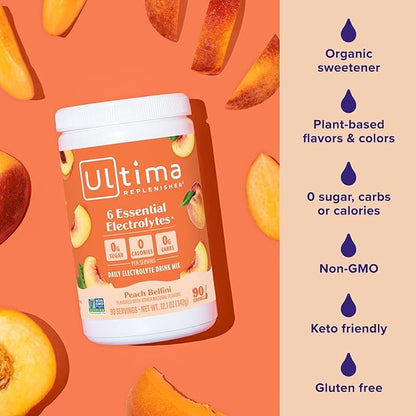 Ultima Replenisher Mocktini Electrolyte Powder Drink Mix – Sugar Free – Peach Bellini, 90 Servings