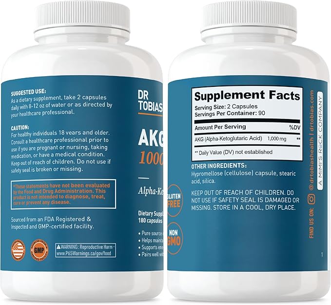 Dr. Tobias AKG Supplement 1000mg Per Serving, Bioavailable Alpha Ketoglutaric Acid, Supports
