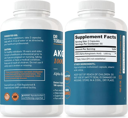 Dr. Tobias AKG Supplement 1000mg Per Serving, Bioavailable Alpha Ketoglutaric Acid, Supports