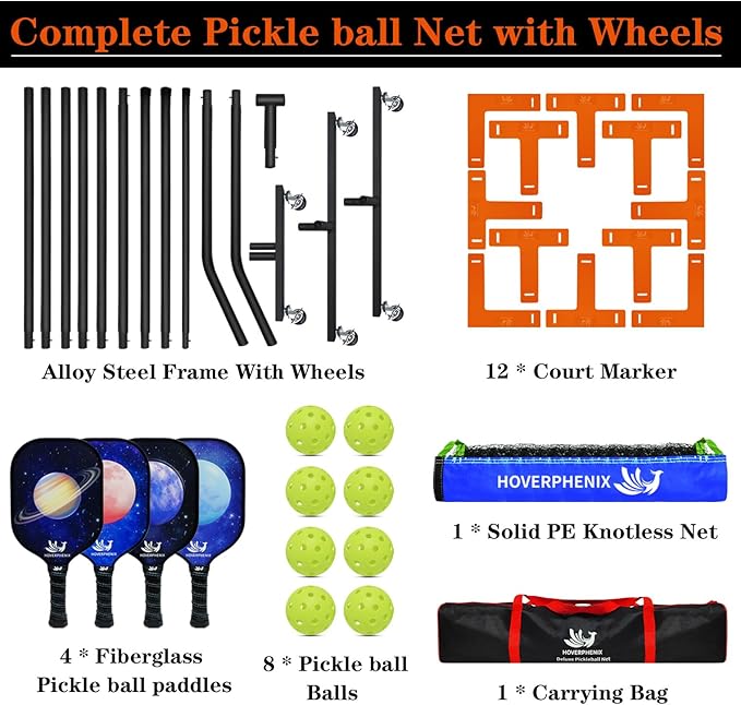 Hoverphenix Pickleball Net for Driveway, 22FT Regulation Size Pickleball Net with Paddles Set of 4