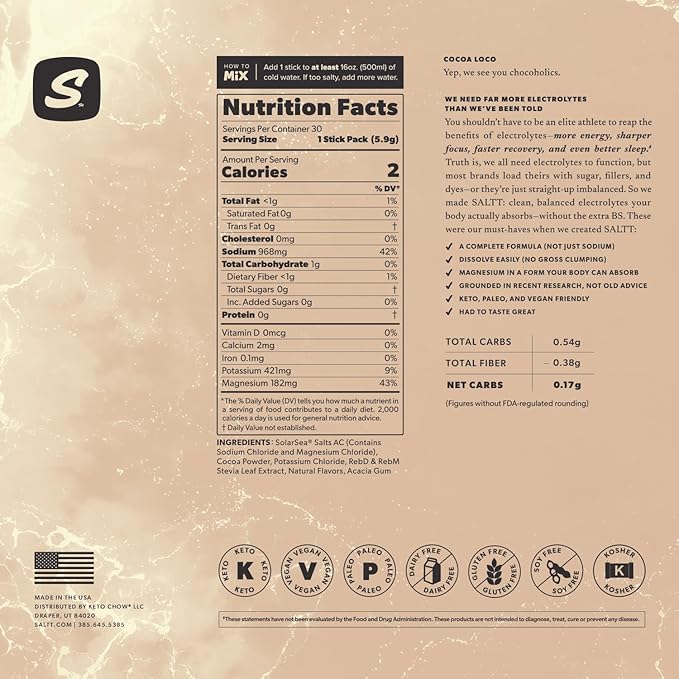 Keto Chow SALTT Electrolytes Powder Packets, Cocoa Loco (30 Hydration Packets) - Magnesium