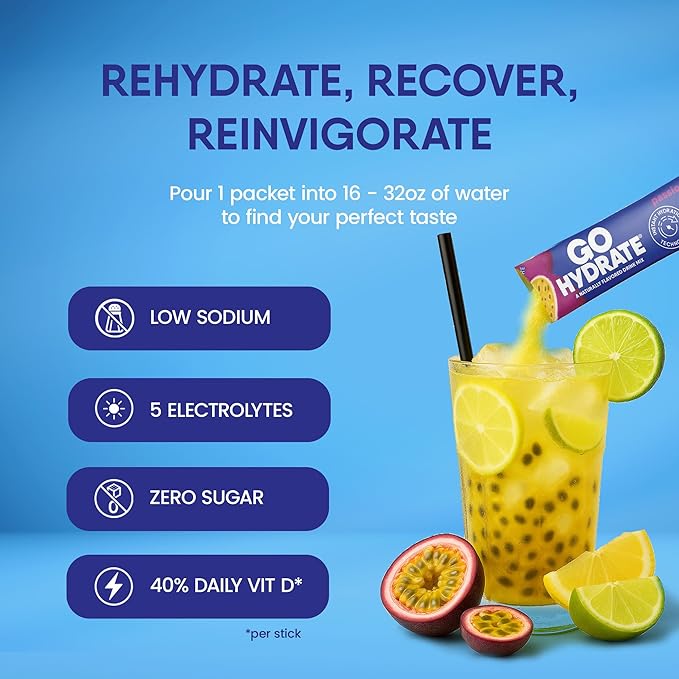 GoHydrate Instant Hydration Powder Packets - Low Sodium Electrolytes Drink Mix - Natural Hydration