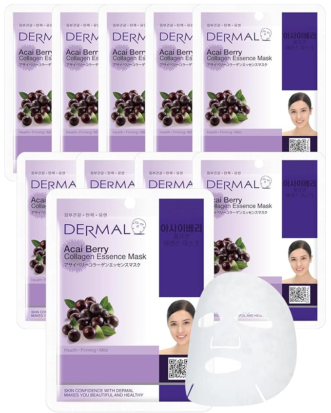 DERMAL Acai Berry Collagen Essence Facial Mask Sheet 23g Pack of 10 - Moisturizing & Firming Keeps