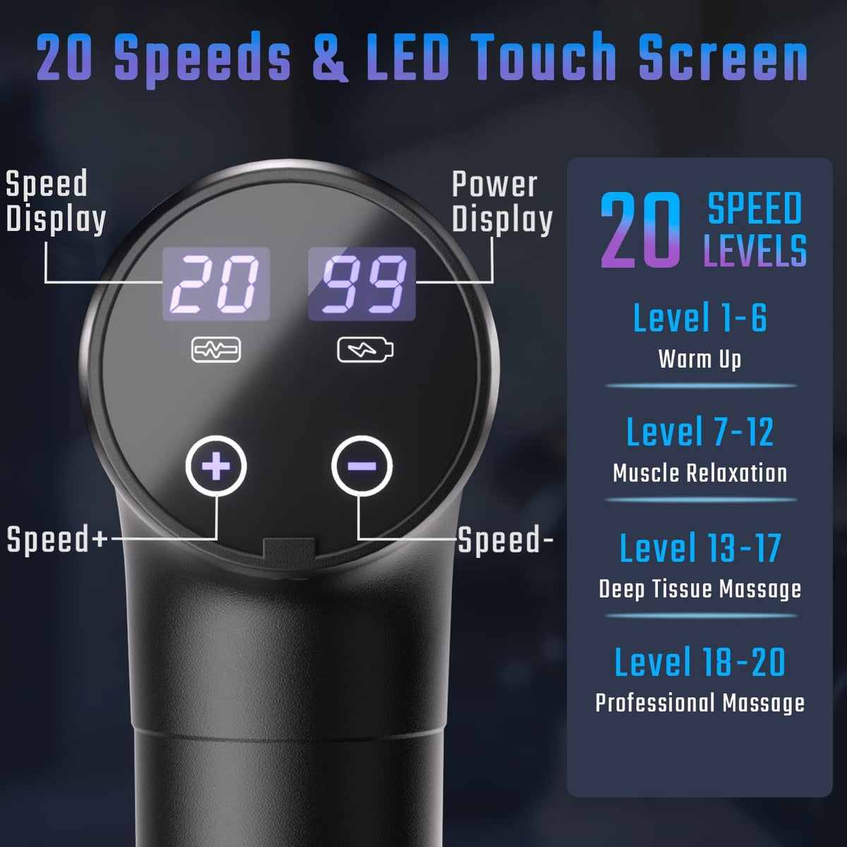 cotsoco Massage Gun Deep Tissue, Muscle Massage Gun with 9 Attachment Heads 20 Speeds & Silent