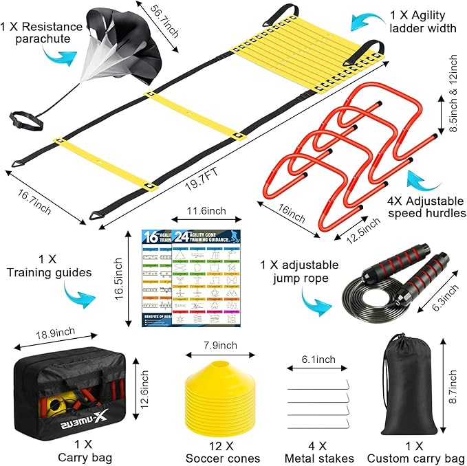 Agility Ladder Speed Training Equipment Set-20ft Agility Ladder,12 Soccer Cones,4 Hurdles, Jump