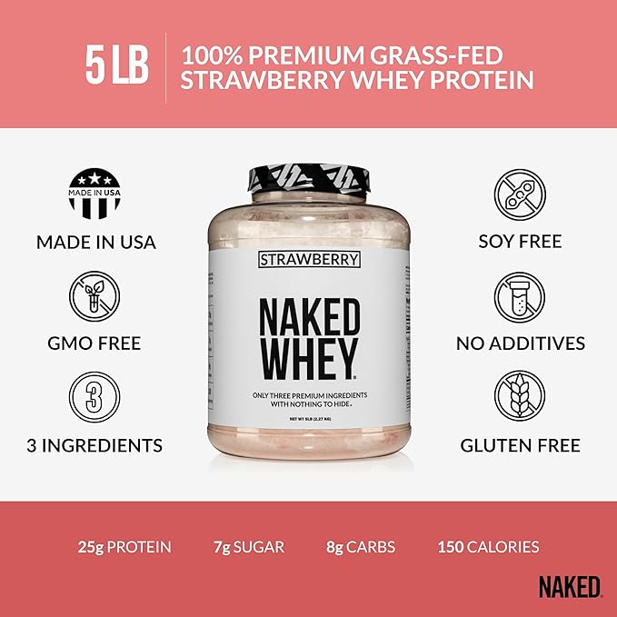 NAKED Strawberry Whey Protein - All Natural Grass Fed Whey Protein Powder + Dried Strawberries +