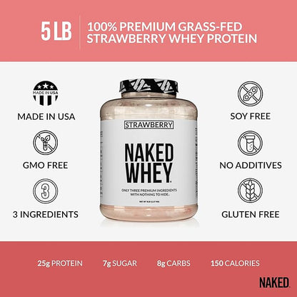 NAKED Strawberry Whey Protein - All Natural Grass Fed Whey Protein Powder + Dried Strawberries +