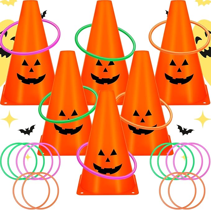 24 PcsHalloween Ring Toss Game Outdoor Carnival Party Games Include 6 Plastic Cones 18 Toss Rings