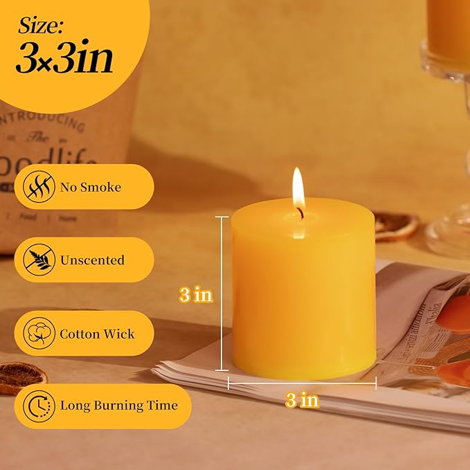 KONNI Yellow Pillar Candles Set of 3, 3"x 3" Unscented Pillar Candles Bulk, 30 Hours Long Burning