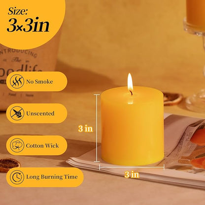 KONNI Yellow Pillar Candles Set of 3, 3"x 3" Unscented Pillar Candles Bulk, 30 Hours Long Burning