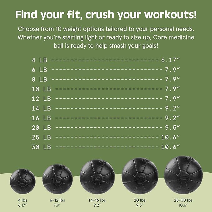 Core Weighted Medicine Ball 4, 6, 8, 10, 12, 14, 16, 20, 25, 30 lbs, Soft Touch Vegan Leather with
