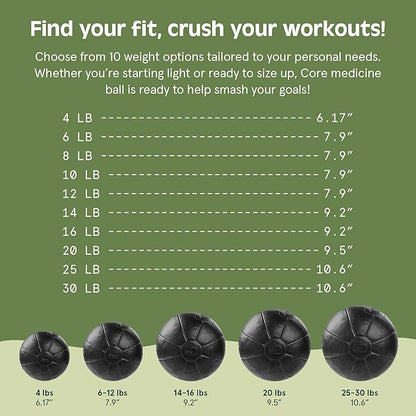 Core Weighted Medicine Ball 4, 6, 8, 10, 12, 14, 16, 20, 25, 30 lbs, Soft Touch Vegan Leather with