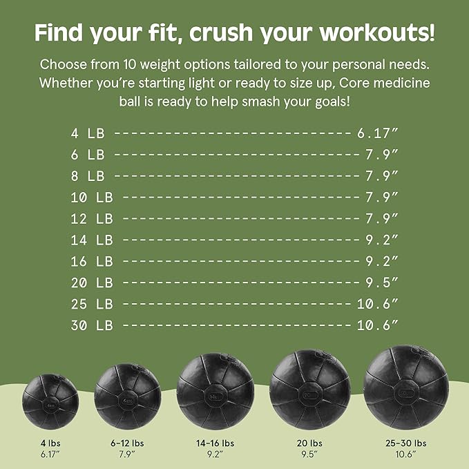 Core Weighted Medicine Ball 4, 6, 8, 10, 12, 14, 16, 20, 25, 30 lbs, Soft Touch Vegan Leather with