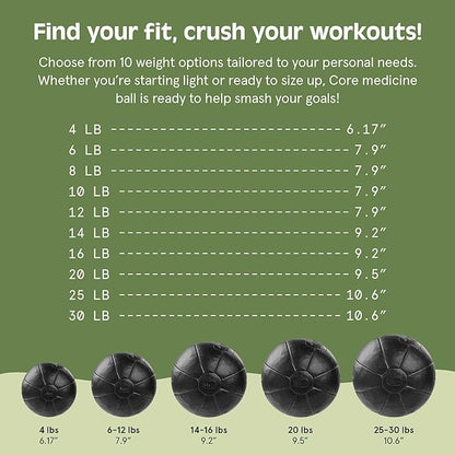 Core Weighted Medicine Ball 4, 6, 8, 10, 12, 14, 16, 20, 25, 30 lbs, Soft Touch Vegan Leather with