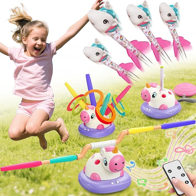 3-in-1 Outdoor Toys for Kids Ages 3-8, Unicorn Rocket Launcher, Ring Toss & Musical Jump - Backyard