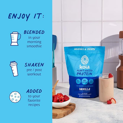 Koia Plant Based Protein Powder, Vanilla, 20g Protein, 3g Sugar, 6g Prebiotic Fiber, Pre & Post