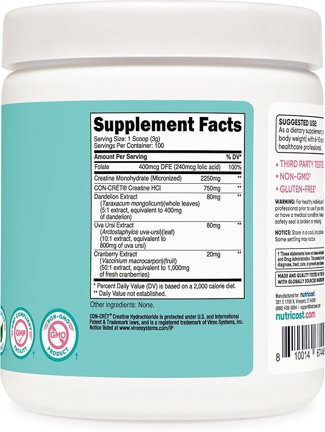 Nutricost Creatine Monohydrate Powder for Women, Micronized, Unflavored, 100 Servings - Vegetarian