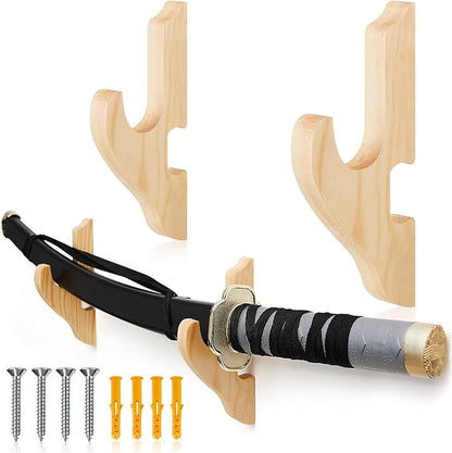 Chunful 2 Pcs Sword Wall Mount Sword Holder Katana Stand 1 Tier Hanger Adjustable Wooden Mounts for