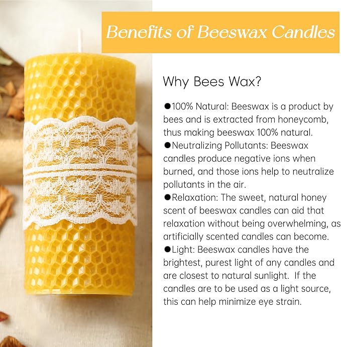 6 Packs Natural Beeswax Candles, Hand Rolled Honeycomb Beeswax Pillar Candles, Pure Bee Wax Gifts