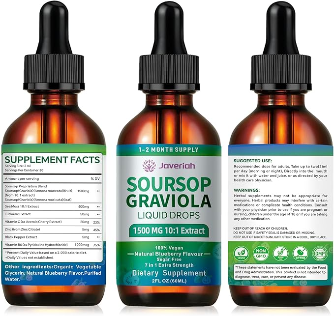 2 Pack Soursop Graviola Leaf Extract Liquid Drops Supplement with Irish Sea Moss & Turmeric for