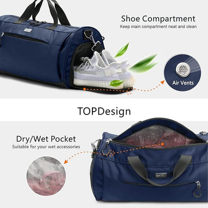 TOPDesign Gym Bag for Women & Men, Unisex Duffel Bag with Shoe Compartment & Wet Pocket for Travel