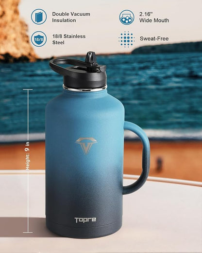 64oz Water Bottle Insulated with Handle,Double-Wall Vacuum Stainless Steel (Cold for 48 Hrs), Half