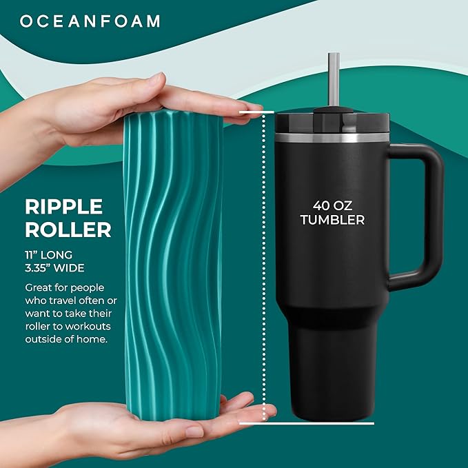 Oceanfoam Ripple Travel Foam Roller (11" x 3.35") Firm Mini Foam Roller for Physical Therapy, Deep