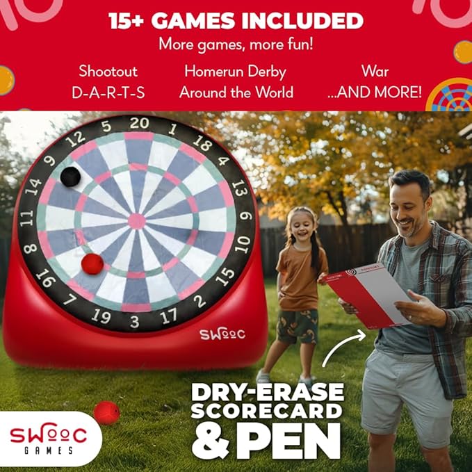 SWOOC Games - XL Giant Kick Darts (Over 8ft Tall) with 15+ Games Included - Jumbo Soccer Darts