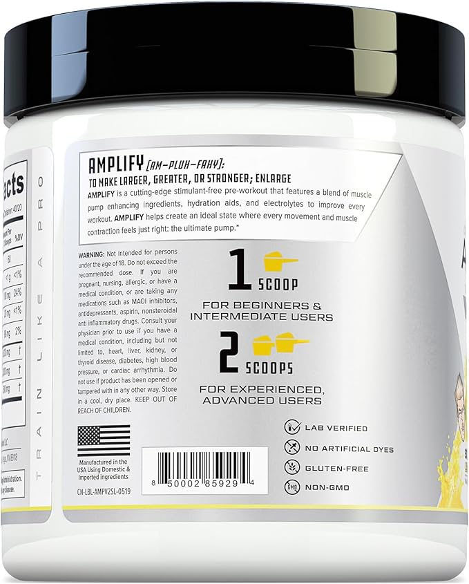 Cutler Nutrition Amplify Pump Pre Workout Caffeine Free Nitric Oxide Booster containing Arginine
