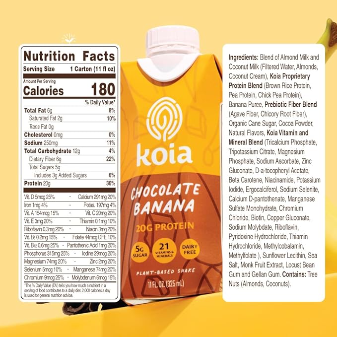 Koia Plant Based Protein Shake, Chocolate Banana, 20g Protein, 5g Sugar, 6g Prebiotic Fiber, 21