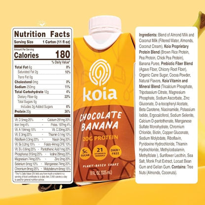 Koia Plant Based Protein Shake, Chocolate Banana, 20g Protein, 5g Sugar, 6g Prebiotic Fiber, 21