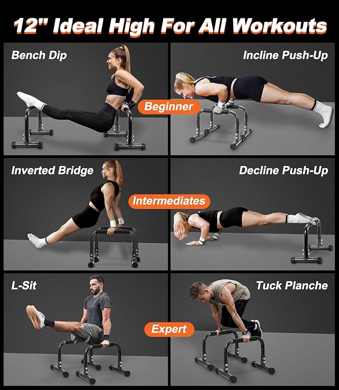 Push Up Bar, 12 Inch High Non-Slip Parallettes Bars & Dip Bars With Foam Handles, Heavy-Duty No