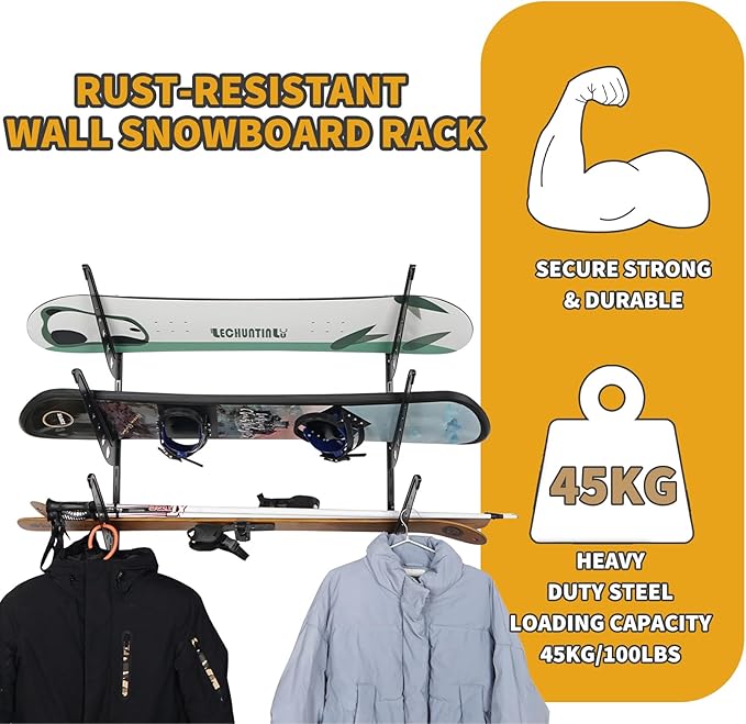 3 Board Snowboard Wall Racks, Adjustable Storage Rack for Ski, Surfboard, Wakeboard, Snowboard Wall