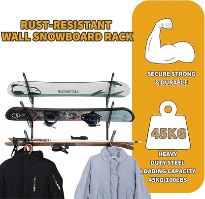 3 Board Snowboard Wall Racks, Adjustable Storage Rack for Ski, Surfboard, Wakeboard, Snowboard Wall