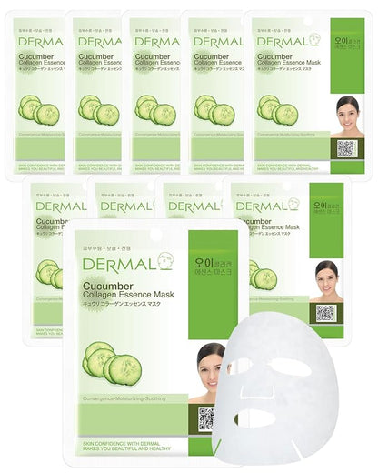 DERMAL Cucumber Collagen Essence Facial Mask Sheet 23g Pack of 10 - Soothing & Moisturizing