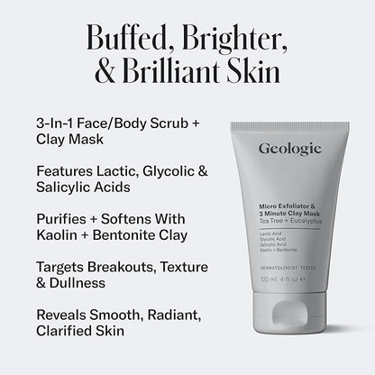 Geologie Micro Exfoliator & Clay Mask | 3-in-1 Deep Cleansing Face Wash, Pore Refining Mask & Skin