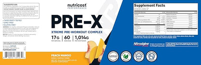 Nutricost Pre-X Xtreme PreWorkout Powder Complex, Peach Mango, 60 Servings, Vegetarian, Non-GMO and