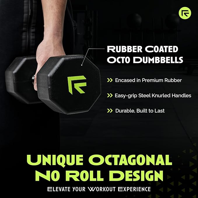 Rubber Coated Dumbbells - No Roll Design Easy-Grip Steel Knurled Handle, Weights Dumbbells Set for