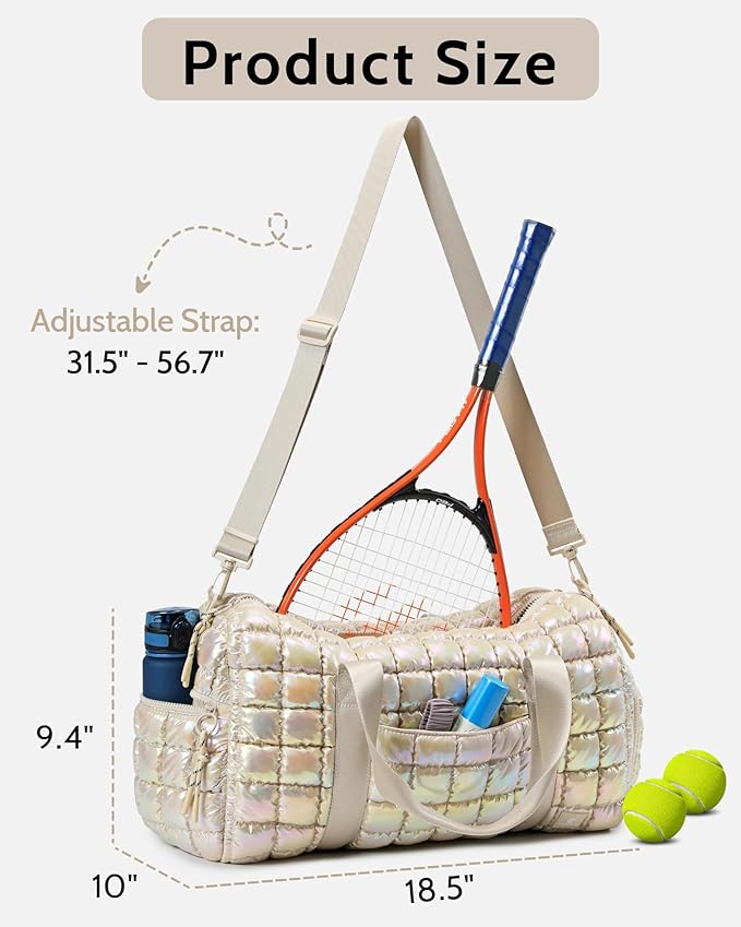 Quilted Duffel Bag for Women, Puffer Gym Duffle Bag with Shoe Compartment Lightweight Large