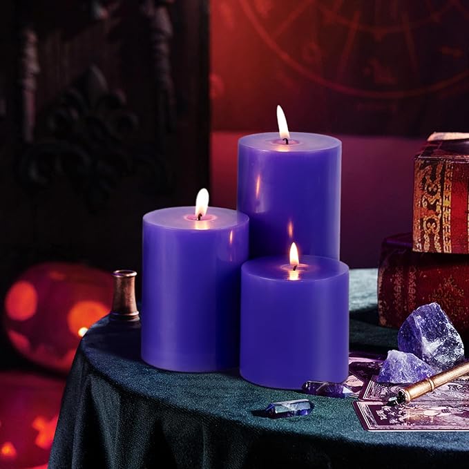 KONNI Violet Pillar Candles Set of 3, 3"x 6" Unscented Pillar Candles Bulk, 56 Hours Long Burning